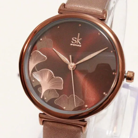 Ladies Casual Watch Ginkgo Biloba Design Dial Coffee Colored Strap 32mm - Picture 10 of 11